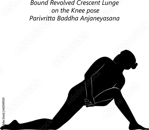 Silhouette of young woman practicing yoga, doing Bound Revolved Crescent Lunge on the Knee pose. Parivritta Baddha Anjaneyasana. Standing and twist. Intermediate. Isolated vector illustration.