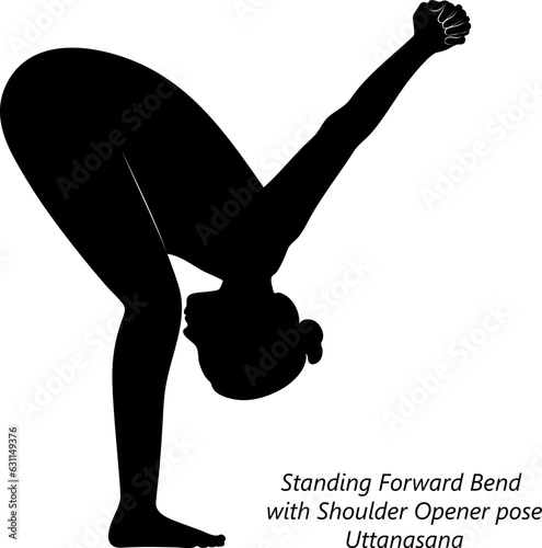 Silhouette of young woman practicing yoga, doing Standing Forward Bend with Shoulder Opener pose. Uttanasana. Standing and Forward Bend. Intermediate. Isolated vector illustration.