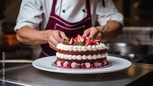 Pastry chef decorating cake in kitchen