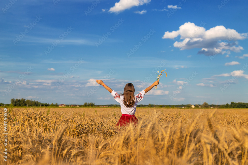 Ukrainian child in vyshyvanka in wheat field. Selective focus. Ukrainian child in vyshyvanka in wheat field. Selective focus.