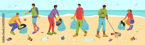 A group of people volunteers collect garbage and waste on the beach. Caring for the environment and ecology. Collaboration. Vector stock illustration.