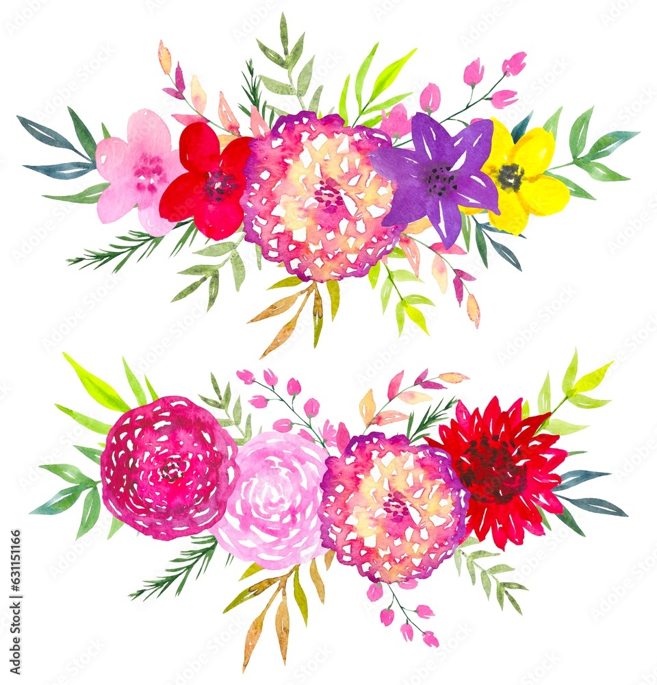 Flower watercolor arrangements of bright flowers on a white background