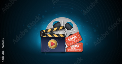 Realistic rotation reel, clapper board and two cinema tickets. 3d icons movie equipment for film industry. Movie art template with cinema design elements for festival, card, brochure, banner, poster.