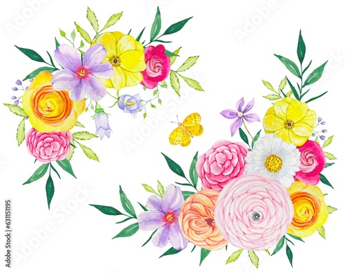 Fototapeta Naklejka Na Ścianę i Meble -  Floral watercolor compositions of bright flowers. Summer bright bouquet