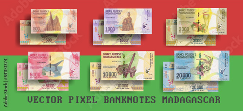 Vector pixelated mosaic set of Madagascar banknotes. Bills in denominations from 1000 to 20000 ariary. Flyers or play money.