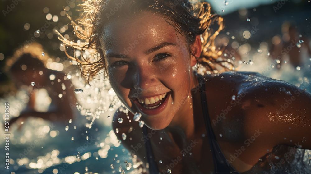 Competitive Swimmers Racing in a Pool with Splashing Water 