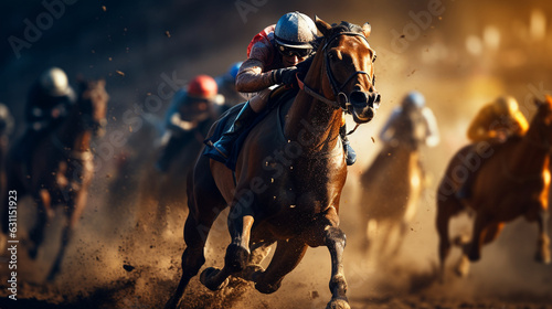 Foto Exhilarating Horse Racing with Horses Galloping Towards the Finish Line