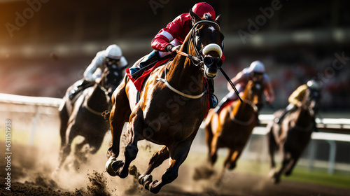 Fotografiet Exhilarating Horse Racing with Horses Galloping Towards the Finish Line