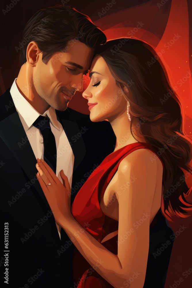 couple in evening wear. They are smiling and cuddling each other