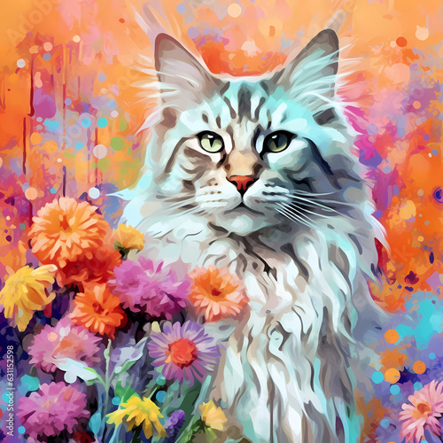 Maine Coon Cat with Flowers photo