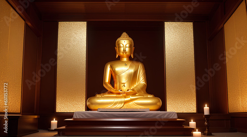 Gold Buddha statue in room with candle - Generative AI