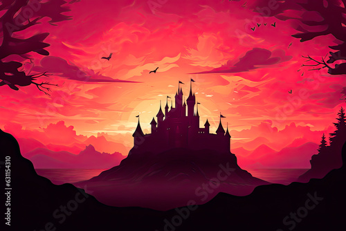 Silhouette of a royal castle with a sunset landscape