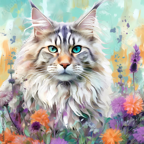 Maine Coon Cat with Flowers © illusioninchaos