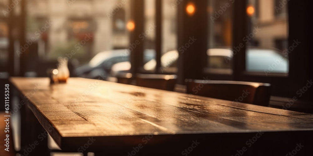 empty rustic wooden table with bokeh background