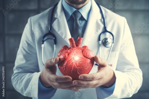 A man cardiologist in a white coat holds a red heart in his hands.