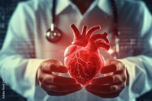 Cardiologist, surgeon in a white coat, holding a heart in his hands.