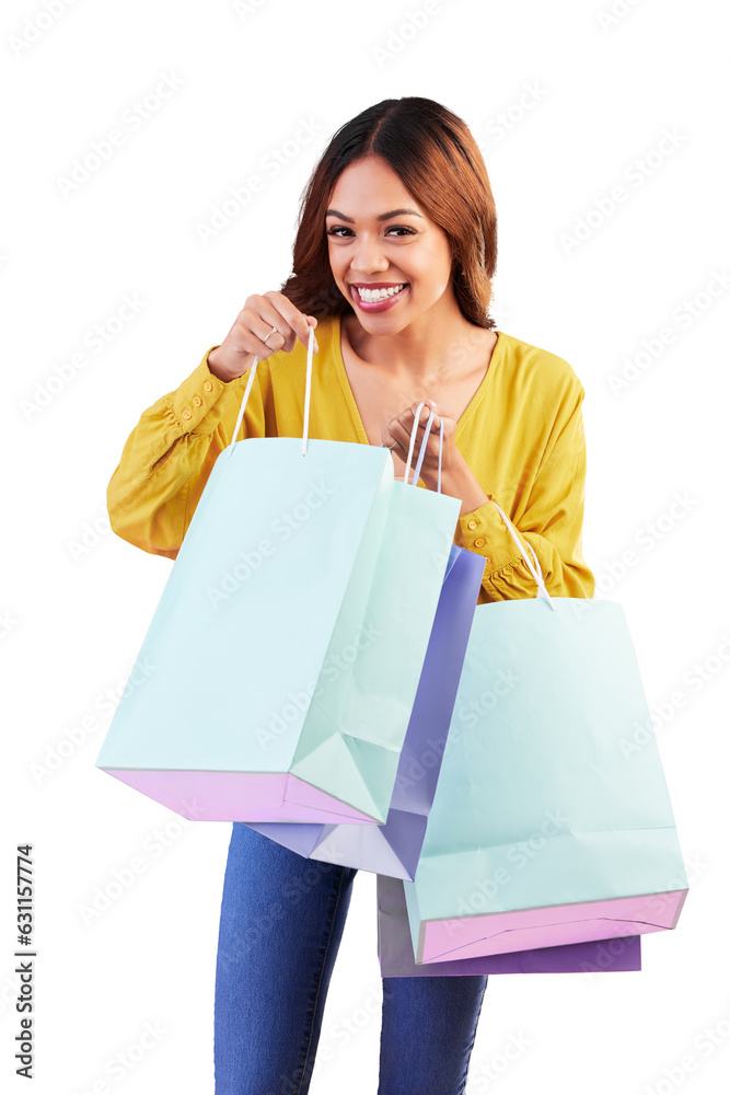 Sale, retail and portrait with woman and shopping bag on png for luxury, boutique and fashion. Cosmetics, deal and store with customer isolated on transparent background for product, happy and mall Sale, retail and portrait with woman and shopping bag on png for luxury, boutique and fashion. Cosmetics, deal and store with customer isolated on transparent background for product, happy and mall