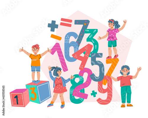 Children among numbers and cubes for concept of study mathematics and numbers learning, flat vector illustration isolated on background. Poster or banner design for school and preschool education.