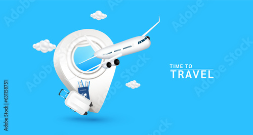 Holiday travel. Airplane window in location pin white with suitcase or luggage bag. Airplane is taking off with clouds. Air ticket and passport. For media tourism advertising design. 3D Vector EPS10.