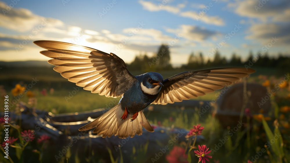 Naklejka premium Barn swallow spreading wings on a garden and flowery plains, afternoon light, national bird of Austria and Estonia. Realistic wildlife animal. AI art.
