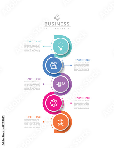 Vector infographic business presentation template with circular interconnection with 5 options.