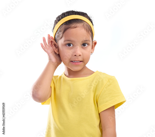 фотографія Hearing, eavesdrop and portrait of a child listening for communication, gossip or a secret