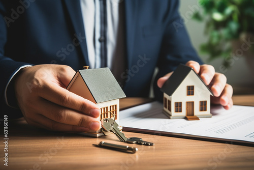 Real estate agent is holding house model and giving keys to customer after signing contract. photo