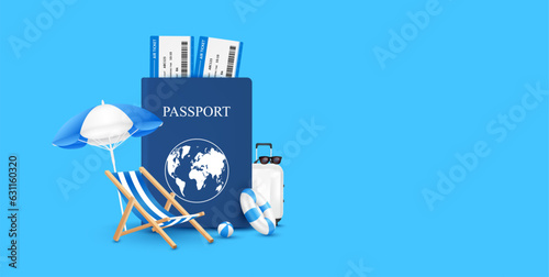 Passport air ticket and luggage bag on blue background. Deck chair umbrella and rubber ring volleyball in front. For media tourism ads design with space for text. Holiday travel summer. 3D Vector.