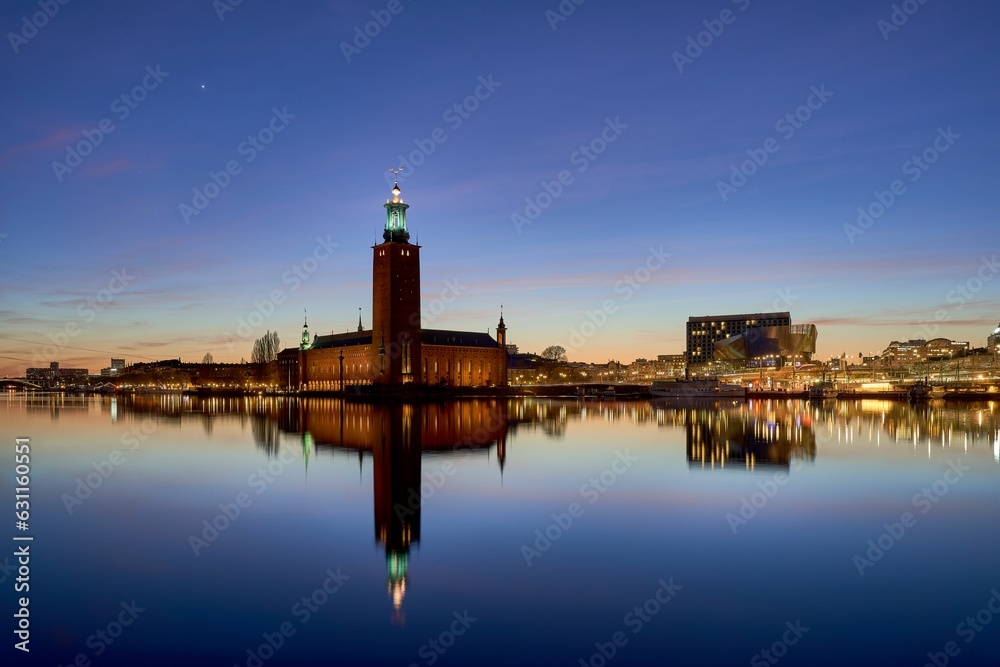 Vibrant evening scene of the Stockholm City Hall at sunset in Sweden