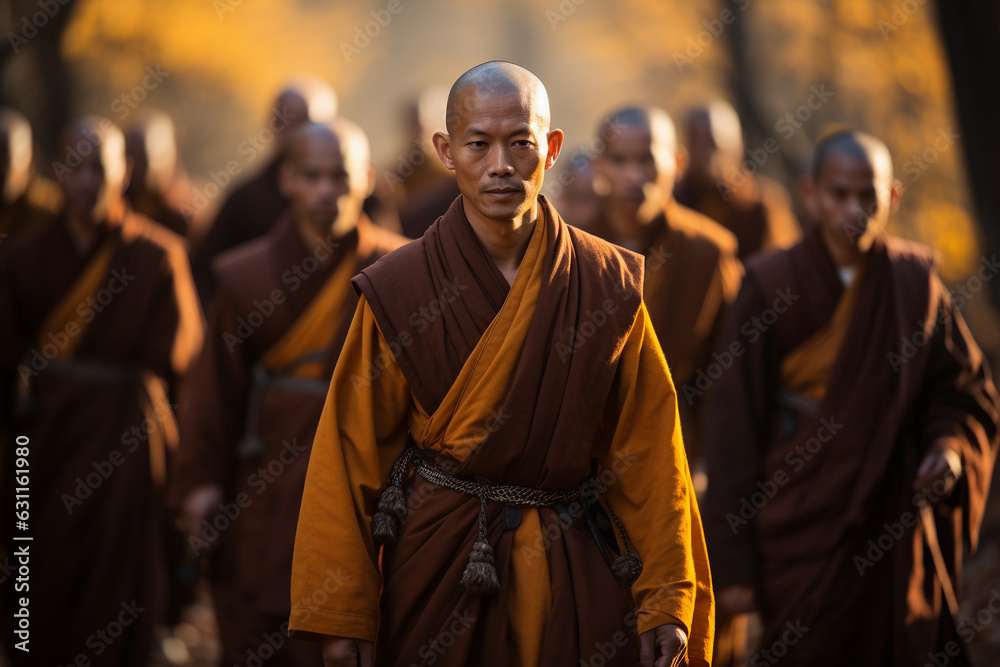 Group of Shaolin monks, asian man portrait. Generative AI