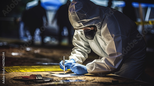 FBI agent in protective gear meticulously examining a crime scene.