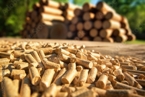 A pile of Organic biofuel wooden pellets made from compacted sawdust and by-product of woodworking operations on a background of logs. Reducing waste and supporting clean energy solutions
