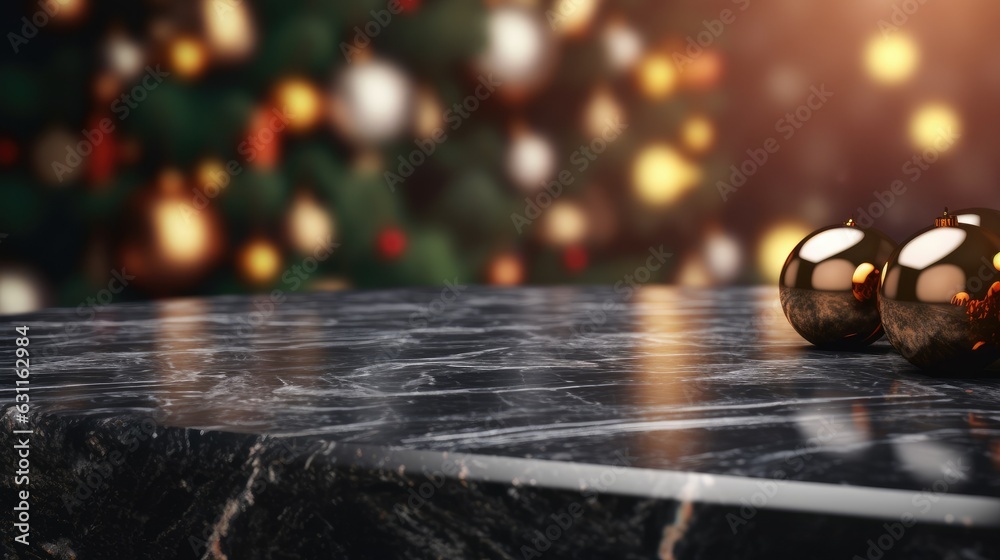 empty black marble texture table with a blurred Christmas background