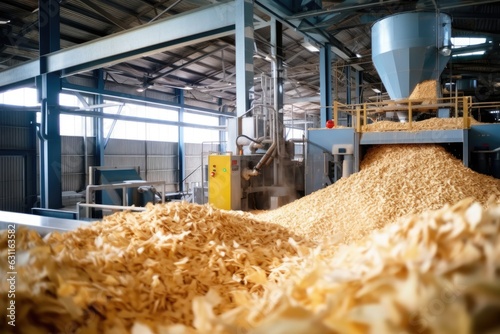 Production of biocombustible biomass wood pellet at the plant. Agricultural, forestry wood waste is converted into fuel for heating and electricity.Reducing waste and supporting clean energy solutions