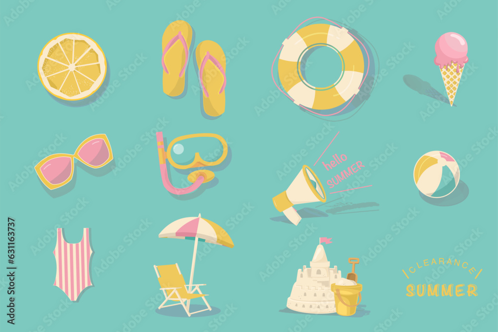 A set of Summer elements vector. Slice lemon, beach sandals, lifebuoy, ice cream, sun glasses, diving mask, beach ball, swimming suit, sand castle, summer clearance,  beach umbrella .