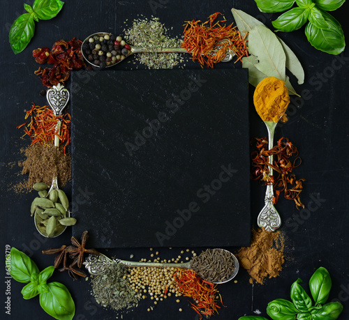 various spices set pepper turmeric paprika saffron