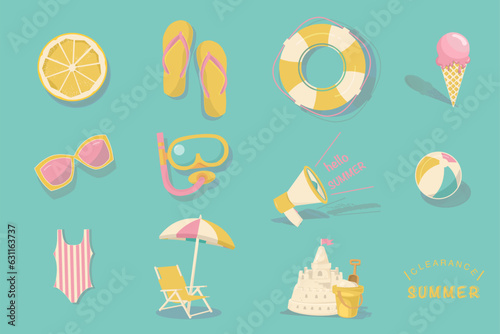 A set of Summer elements vector. Slice lemon  beach sandals  lifebuoy  ice cream  sun glasses  diving mask  beach ball  swimming suit  sand castle  summer clearance   beach umbrella .