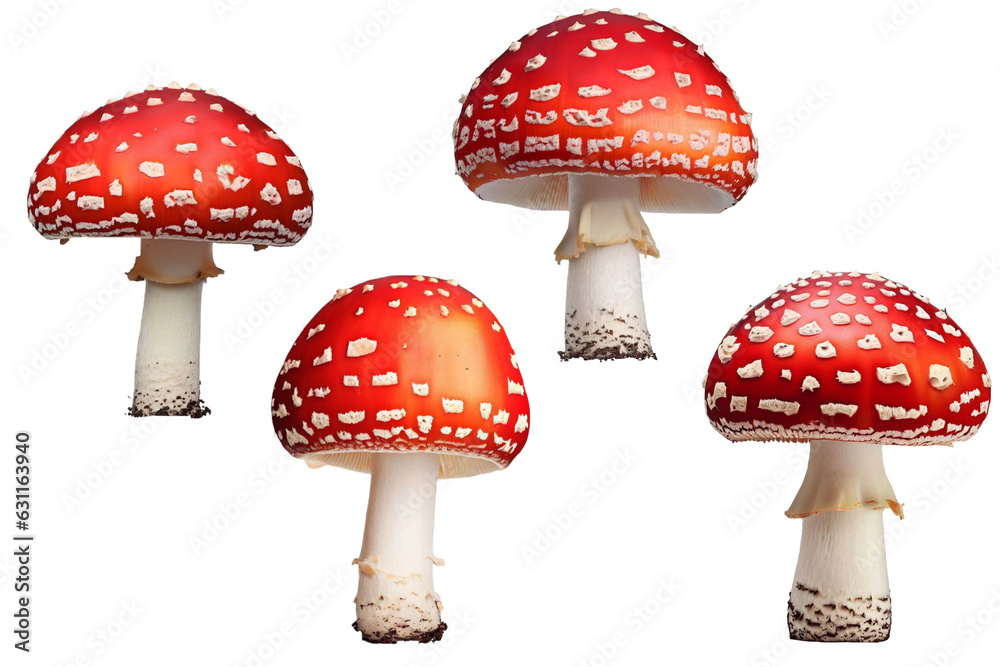 Funghi di amanita muscaria rossi coi puntini bianchi, trasparenti e isolati Funghi di amanita muscaria rossi coi puntini bianchi, trasparenti e isolati