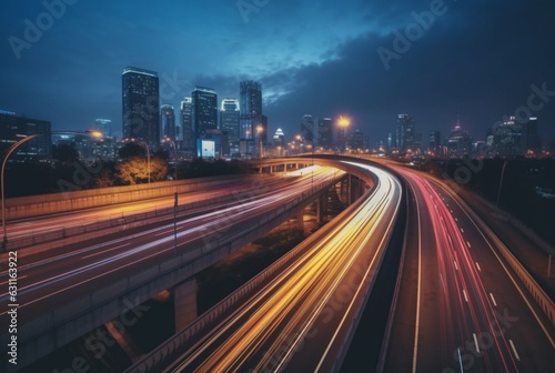 A long exposure shot of the city skyline or other cityscape at night  capturing light trails from moving vehicles or other light sources. generative ai