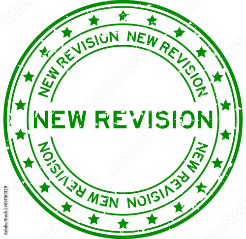 Grunge green new revision word round rubber seal stamp on white background