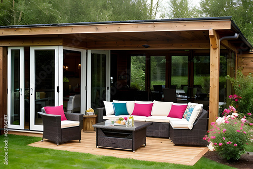 Cozy patio area with garden furniture, sliding doors and decking