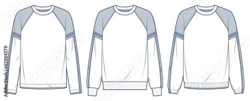 Set of Sweatshirts with different bottom technical fashion illustration. Striped Sweatshirt fashion technical drawing template, oversized, front view, white and grey, women, men, unisex CAD mockup set
