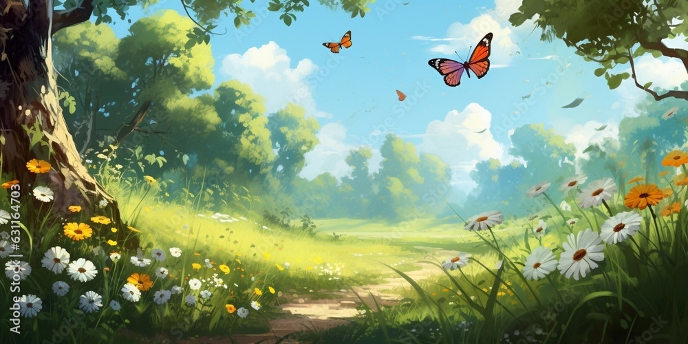 Spring, summer morning nature background with fresh wild daisies, flowers and flying butterfly