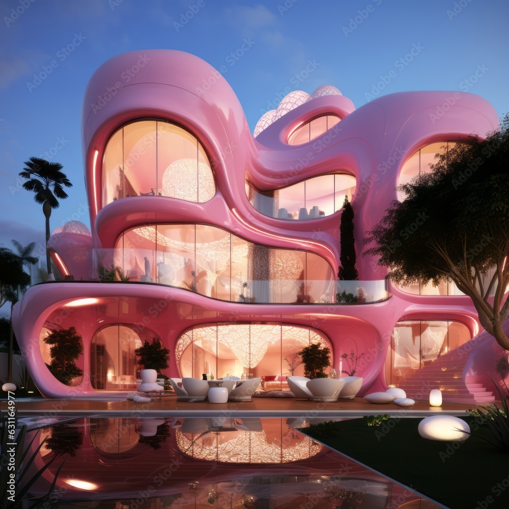 Modern pink house architecture with glass windows, Amazing architectural buildings having terraces and courtyards.