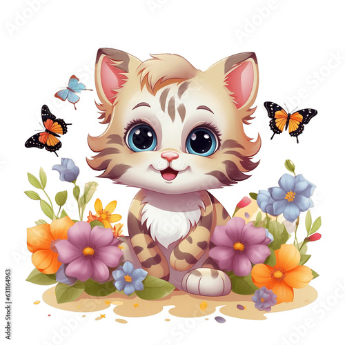 set of illustrations for children on a transparent background: cute kittens in the grass and flowers, butterflies fly around. Generative AI.