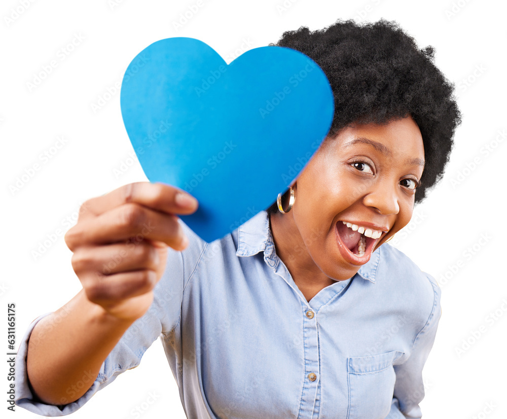 Blue, heart and portrait of happy black woman on isolated, transparent and png background for autism support. Emoji, shape and face of African female model with message of love, kindness and empathy Blue, heart and portrait of happy black woman on isolated, transparent and png background for autism support. Emoji, shape and face of African female model with message of love, kindness and empathy