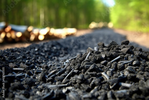 A big pile biochar in a garden. Biochar increases soil carbon to improve agricultural productivity and soil fertility