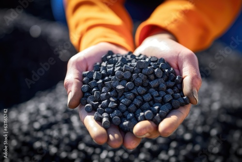Man hands hold black granules biochar pellets. Handful of charcoal pellets fuel in a person hands. Organic biochar derived made from woody material through pyrolysis