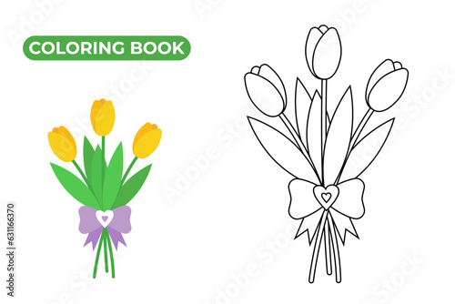 Bouquet of flowers with bow and ribbon. Line vector illustration of tulips. Drawing of spring plants with decorative elements. Contour coloring book for kids. #631166370