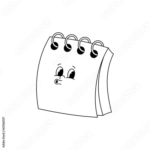 Vector cartoon retro mascot monochrome illustration of notebook with springs. Vintage style 30s, 40s, 50s old animation. The clipart is isolated on a white background.